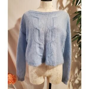 Lisa Perry Barneys NY Kid Mohair Wool Cable Knit Boxy Crop Sweater LP Italy Blue